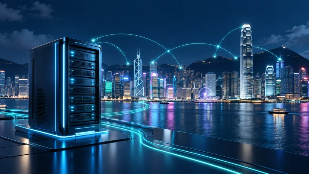 A server tower with illuminated network paths overlooking Hong Kong harbor.