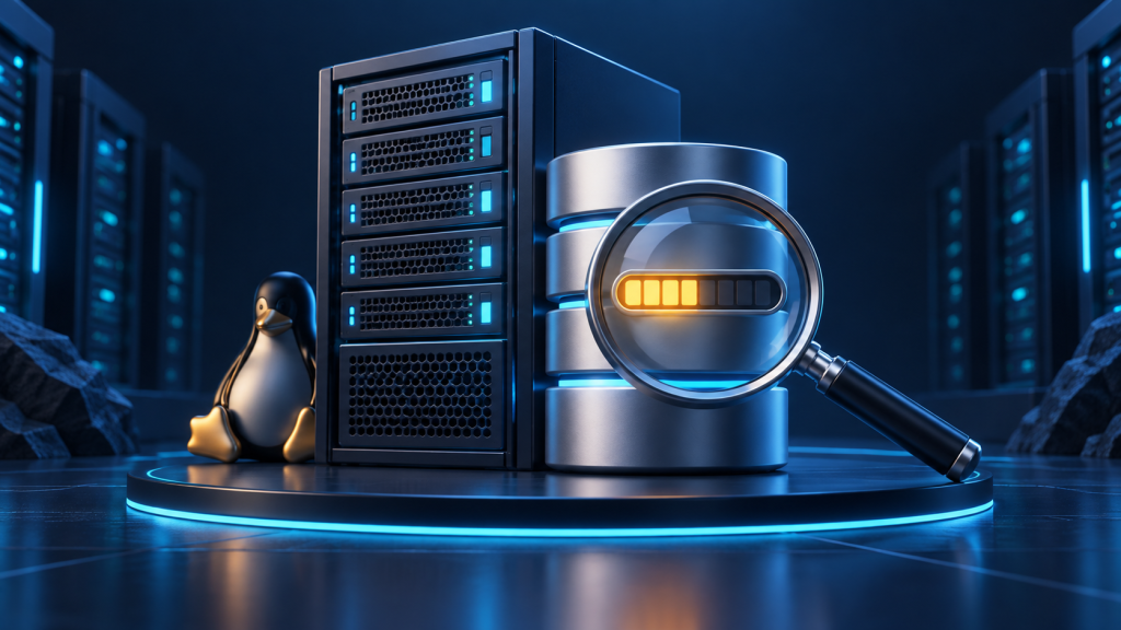 Linux server and storage disks under a magnifying glass with an amber capacity indicator.