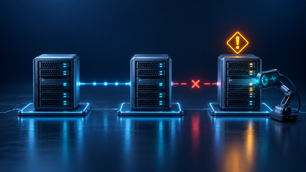 Three server nodes with a broken backend connection and an amber diagnostic warning.