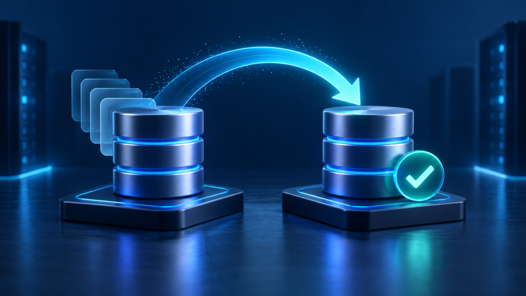 Two database stacks linked by a recovery arrow, with a checkmark beside the restored copy.