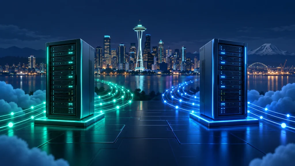 Two server towers and separate glowing network routes in front of the Seattle skyline.