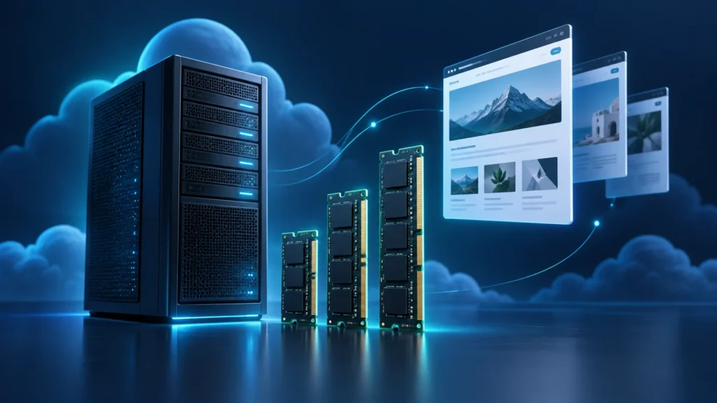 Server tower, ascending memory modules, and floating website pages representing WordPress resource planning.