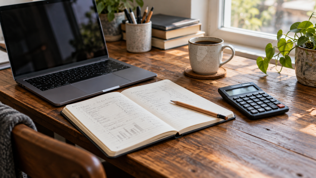 Natural-style illustration of a notebook, calculator and coffee cup on a sunlit wooden desk.