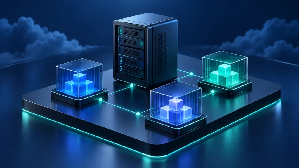 A server tower linked to three modular application containers on an illuminated platform.