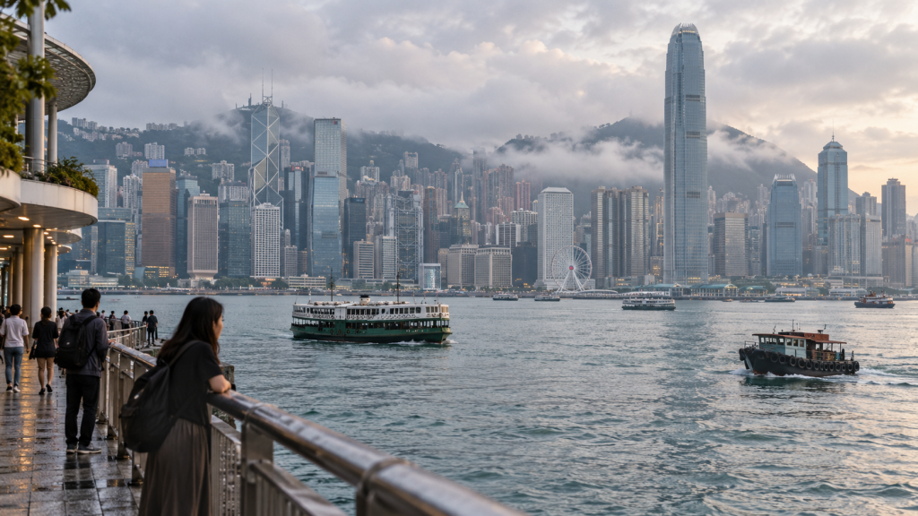 Natural-style illustration of Hong Kong harbor with ferries and a waterfront promenade.
