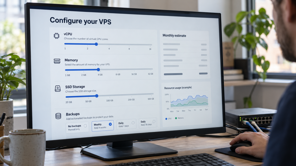 Illustrative VPS resource configuration and budget interface in a hosting workspace.