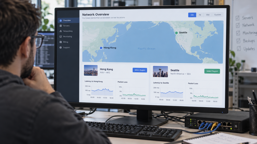Illustrative hosting engineer comparing Hong Kong and Seattle regions on a fictional network dashboard.