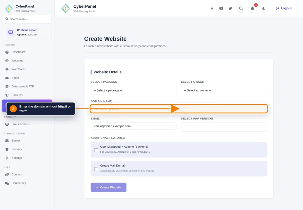 CyberPanel official interface screenshot illustrating the control panel tutorial