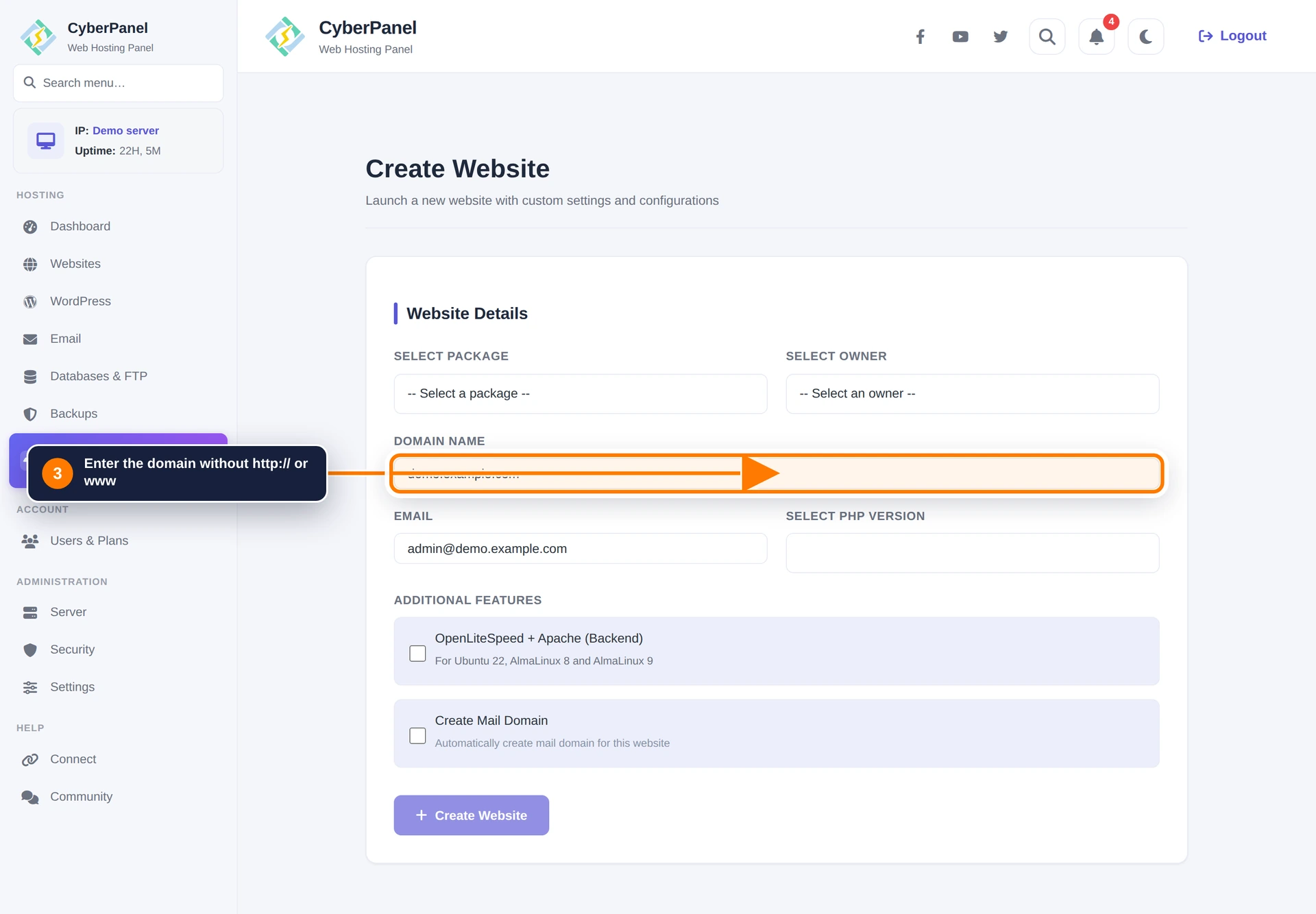 CyberPanel official interface screenshot illustrating the control panel tutorial