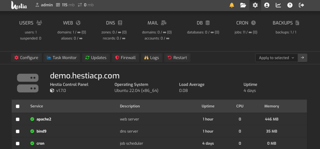 HestiaCP official interface screenshot illustrating the control panel tutorial