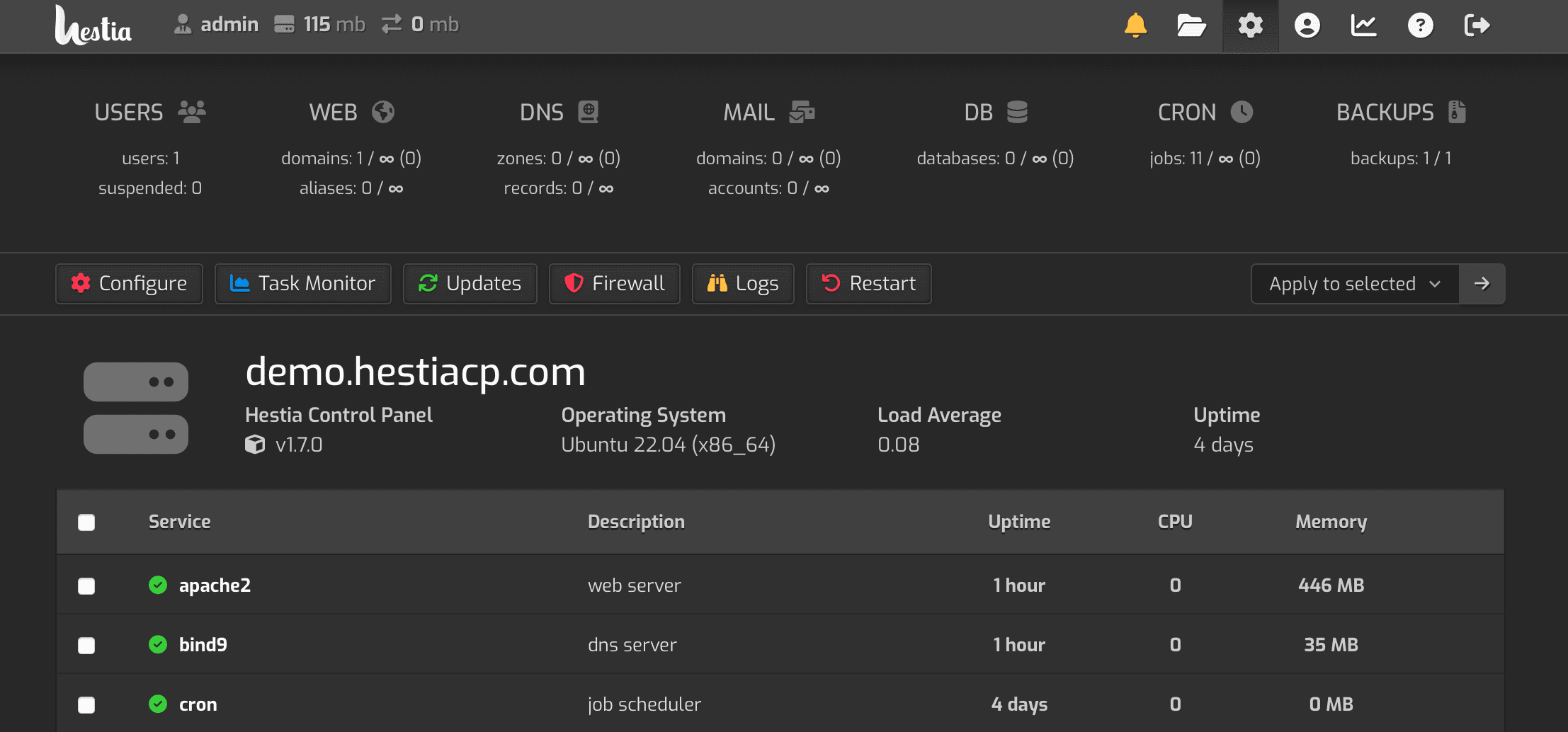 HestiaCP official interface screenshot illustrating the control panel tutorial