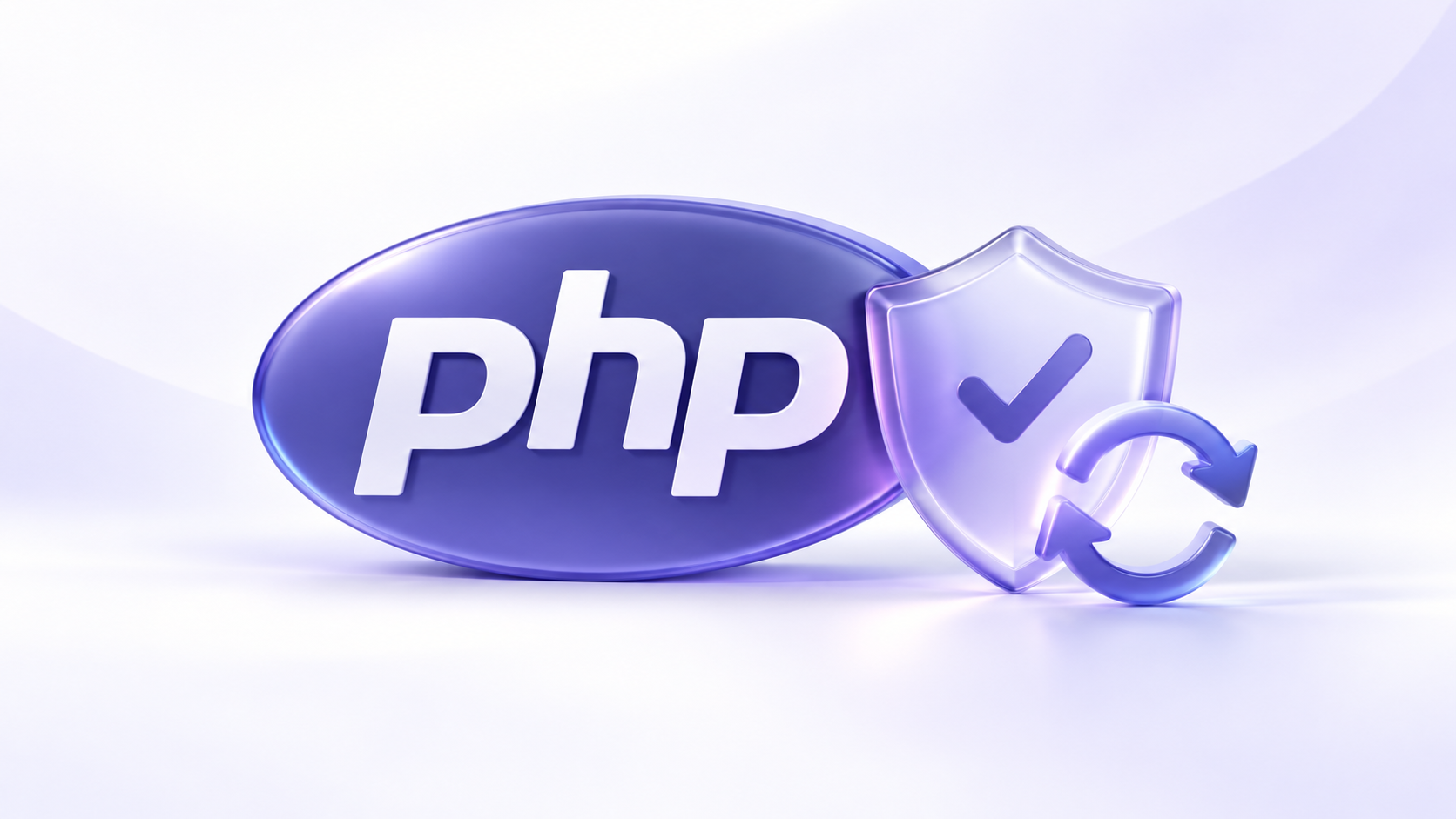 PHP logo beside a shield and update arrows on a pale lavender background