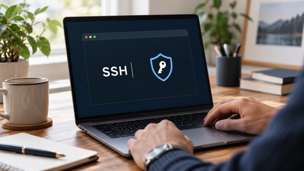Conceptual SSH security illustration with a shield and key on a laptop screen; no connection details shown.