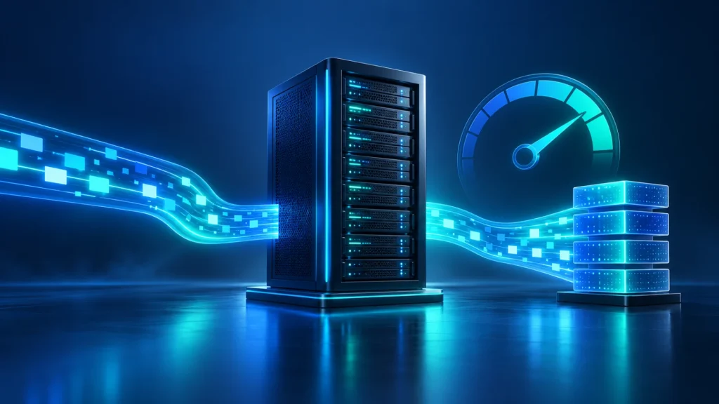 A server with glowing data lanes, a speed gauge and stacked data blocks representing bandwidth and traffic.