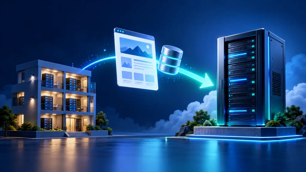 A website and database moving from shared hosting to a new VPS server along a glowing arrow.